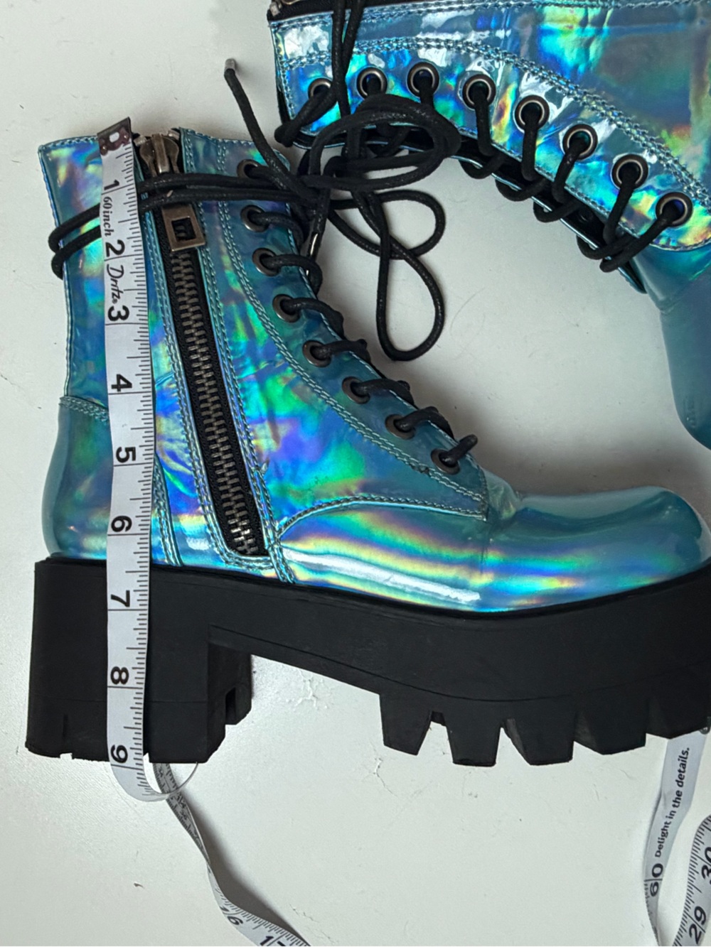 Current Mood Blue Metallic Holographic Walking On Water Platform Combat Boots 7 - Picture 15 of 16